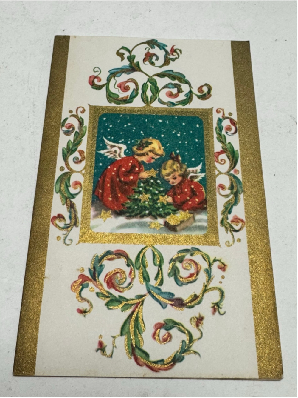 Vintage Unused Xmas Greeting Card Sweet Angels Decorating Mini Holiday Tree